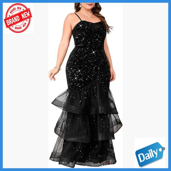 Plus Size Sequin Mesh Mermaid Maxi Dress Formal Evening Gown Sleeveless